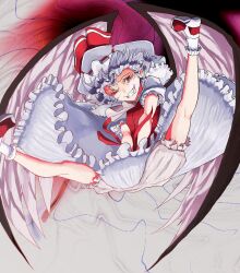  bloomers capelet commentary_request curiosities_of_lotus_asia female grey_hair grin hat hat_ribbon puffy_sleeves red_eyes remilia_scarlet ribbon sabiirodoramu short_hair short_sleeves smile solo spread_legs touhou underwear wings 