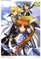  3girls :d absurdres bardiche_(nanoha) blonde_hair blue_eyes blush brown_hair cannon cape dress fate_testarossa fate_testarossa_(impulse_form) feathers hair_ribbon higa_yukari highres long_hair lyrical_nanoha magical_girl mahou_senki_lyrical_nanoha_force multiple_girls official_art one_eye_closed open_mouth ponytail purple_eyes red_eyes ribbon scan schwertkreuz short_hair side_ponytail skirt smile staff strike_cannon takamachi_nanoha very_long_hair vest wings yagami_hayate 