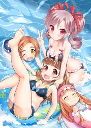  4girls ;d ^_^ animal_costume bare_shoulders barefoot bikini black_bikini blue_bikini blush breast_rest breasts brown_hair cleavage closed_eyes commentary_request eyebrows frilled_bikini frills hair_ornament hair_ribbon hairclip ichihara_nina idolmaster idolmaster_cinderella_girls innertube kamiya_nao kanzaki_ranko kneepits legs long_hair medium_breasts multiple_girls one-piece_swimsuit one_eye_closed open_mouth reclining red_eyes ribbon ryuzaki_kaoru smile swim_ring swimming swimsuit takasaka_donten twintails v water yellow_eyes 