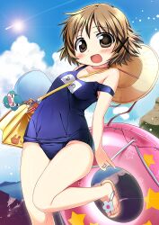  bag blush brown_eyes brown_hair commentary_request female hair_ornament hat hidamari_sketch innertube nagayama_yuunon one-piece_swimsuit photoshop_(medium) sandals school_swimsuit short_hair smile solo strap_slip straw_hat swim_ring swimsuit ume-sensei x_hair_ornament yuno_(hidamari_sketch) 