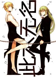  2boys alternate_hairstyle bad_id bad_pixiv_id blonde_hair chains crossdressing dress earrings enkidu_(fate) enkidu_(weapon)_(fate) fate/strange_fake fate/zero fate_(series) formal gilgamesh_(fate) green_eyes green_hair high_heels highres jewelry long_hair male_focus mr._and_mrs._smith multiple_boys parody pcone ponytail poster_(medium) poster_parody red_eyes role_reversal shoes suit 