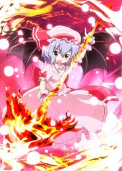  bat_wings blue_hair commentary_request danmaku female hat hat_ribbon looking_at_viewer massala oerba_yun_fang open_mouth pink_eyes remilia_scarlet ribbon shirt short_sleeves skirt skirt_set smile solo spear_the_gungnir touhou wings wrist_cuffs 