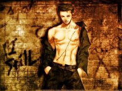  1boy belt black_pants brick closed_eyes earrings graffiti green_hair hands_in_pockets jewelry leaning male male_focus muscle one_piece open_clothes open_shirt pants roronoa_zoro scar shirt solo standing unzipped wall 