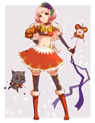  asymmetrical_clothes bad_id bad_pixiv_id bob_cut boots breasts canine cherry choker cleavage commentary_request earrings elbow_gloves eyepatch female food fruit gloves grapes hair_ornament heart heart_in_mouth highres jewelry knee_boots magatama magical_girl mahou_shoujo_taisen mahou_shoujo_taisen_contest_1 medium_breasts midriff mitsudomoe_(shape) navel official_art peach photoshop_(medium) pink_eyes pink_hair scroll short_hair skirt thighhighs tomoe_(symbol) toshi_punk wand 