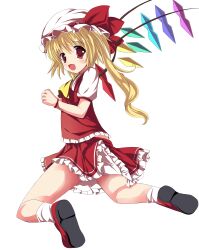  absurdres ascot bad_id bad_pixiv_id blonde_hair blush bracelet crystal female flandre_scarlet hat hat_ribbon highres jewelry kneeling looking_back oerba_yun_fang open_mouth puffy_sleeves red_eyes ribbon sakuraba_hikaru_(loveindog) short_hair short_sleeves side_ponytail solo touhou wings 