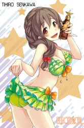  :d ass bad_id bad_pixiv_id bikini blush bottle bottle_to_cheek breasts brown_eyes brown_hair cleavage clothes_lift female frilled_bikini frills green_bikini holding idolmaster idolmaster_cinderella_girls lifting_own_clothes looking_at_viewer medium_breasts mirai_denki open_mouth pinky_out print_bikini senkawa_chihiro skirt skirt_lift smile solo star_(symbol) star_print swimsuit 