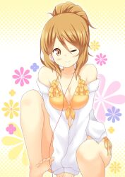  barefoot between_toes bikini brown_eyes brown_hair commentary_request dekosuke earphones extra female front-tie_top halftone halftone_background jacket k-on! long_hair off_shoulder one_eye_closed ponytail side-tie_bikini_bottom solo swimsuit tachibana_himeko 