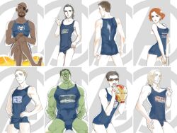  6+boys avengers_(series) bad_id bad_pixiv_id beard black_hair breasts brown_hair bruce_banner bulge cleavage clint_barton colored_skin crossdressing crossed_legs dark_skin eyepatch facial_hair female green_skin gun handgun helmet hulk iron_man large_breasts loki_(marvel) marvel mask moustache multiple_boys natasha_romanoff nick_fury one-piece_swimsuit one_eye_closed parody reammara red_hair short_hair sitting steve_rogers sunglasses swimsuit thor_(marvel) tony_stark unworn_headwear unworn_helmet weapon 