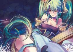  blush breasts brown_eyes commentary_request etwahl female green_hair highres league_of_legends long_hair medium_breasts photoshop_(medium) shadowsinking solo sona_(league_of_legends) twintails very_long_hair 