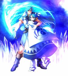  1boy aura blue_eyes blue_hair boots bracelet cape cloud commentary_request female golden_sun hair_ribbon headband hug ice jewelry long_hair looking_back mia_(golden_sun) oas open_mouth piers_(golden_sun) ponytail ribbon serious sky sword vest weapon 