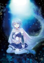  armband baronet blue_eyes blue_hair cape collarbone commentary female gloves kneeling magical_girl mahou_shoujo_madoka_magica mahou_shoujo_madoka_magica_(anime) miki_sayaka miki_sayaka_(magical_girl) photoshop_(medium) short_hair solo thighhighs 