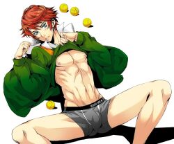  1boy ball blue_eyes blush boxers clothes_lift commentary_request male_focus male_underwear muscular navel open_mouth orange_hair sengoku_kiyosumi shirt_lift solo spread_legs tennis_ball tennis_no_ouji-sama underwear yamada_3 