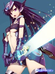  armlet bare_shoulders breasts commentary_request copyright_name female gauntlets glowing headgear junketsu_duelion long_hair mecha_musume medium_breasts official_art open_mouth oumigahara_kirei photoshop_(medium) purple_eyes purple_hair simple_background solo sword thighhighs translated underboob weapon yangsion 