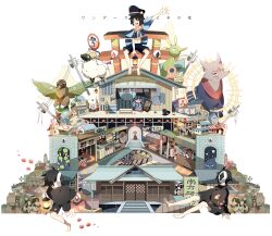  3boys animal barefoot bird chamooi city closed_eyes commentary_request flower hat highres house lamp lantern mask multiple_boys photoshop_(medium) radiation_symbol road_sign sheep shorts sign sitting torii utility_pole vocaloid wonderland_to_hitsuji_no_uta_(vocaloid) 