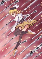  blonde_hair commentary_request drill_hair female gun hat magical_musket mahou_shoujo_madoka_magica mahou_shoujo_madoka_magica_(anime) orebalgum panties pantyshot photoshop_(medium) solo striped thighhighs tomoe_mami tomoe_mami_(magical_girl) underwear vertical_stripes weapon yellow_eyes 