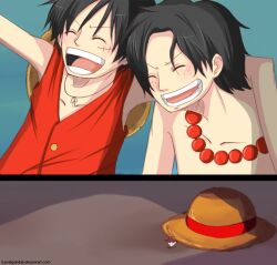  2boys black_hair brother brothers burning closed_eyes freckles hat hat_removed headwear_removed jewelry male male_focus monkey_d_luffy multiple_boys necklace one_piece open_mouth paper portgas_d_ace siblings smile straw_hat vest 