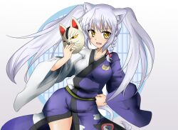  animal_ears braid cat_ears cat_tail commentary_request dog_days female fox_mask japanese_clothes kimono leonmitchelli_galette_des_rois long_hair mask mobu_(nonoichi) purple_kimono solo tail white_hair yellow_eyes 