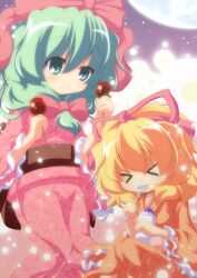  &gt;_&lt; 2girls alternate_costume aqua_eyes blonde_hair bow candy candy_apple closed_eyes commentary_request food front_ponytail green_hair hair_ornament hair_ribbon hairbow highres japanese_clothes kagiyama_hina kimono light_particles lollipop long_hair long_sleeves medicine_melancholy multiple_girls nullpooo open_mouth ribbon shaved_ice short_hair sitting standing sweatdrop tears touhou wide_sleeves 