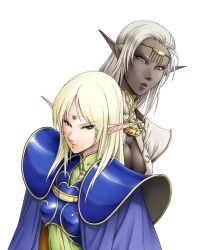  2girls aritani_mahoro armor blonde_hair blue_cape cape commentary_request dark-skinned_female dark_elf dark_skin deedlit elf green_eyes jewelry lips long_hair looking_down multiple_girls parted_lips photoshop_(medium) pirotess pointy_ears record_of_lodoss_war white_background white_hair yellow_eyes 