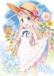  ano_hi_mita_hana_no_namae_wo_bokutachi_wa_mada_shiranai. blue_eyes bug butterfly commentary_request cover cover_page doujin_cover dress female floral_background flower hat hat_flower honma_meiko long_hair open_mouth photoshop_(medium) ribbon sleeveless sleeveless_dress smile solo sun_hat white_hair zless 