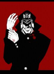  1boy ame_no_shiryuu blood color_background flosh gloves hat hat_over_eyes impel_down male male_focus one_piece red red_background shiliew solo spot_color teeth uniform 