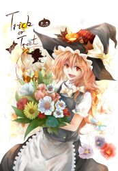  absurdres apron aritsuno bad_id bad_pixiv_id blonde_hair bouquet bow female flower hairbow hat hat_bow highres jack-o&#039;-lantern kirisame_marisa long_hair open_mouth petals puffy_sleeves short_sleeves solo touhou witch_hat yellow_eyes 