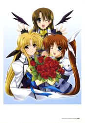  3girls :d absurdres blonde_hair blue_eyes bouquet brown_hair cape fate_testarossa fingerless_gloves flower gloves hair_ribbon higa_yukari highres interlocked_fingers long_hair lyrical_nanoha magical_girl mahou_senki_lyrical_nanoha_force multiple_girls official_art one_eye_closed open_mouth ponytail purple_eyes red_eyes ribbon rose short_hair side_ponytail smile takamachi_nanoha upper_body wings yagami_hayate 