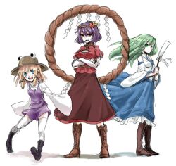  3girls bad_id bad_pixiv_id blonde_hair blue_eyes cross-laced_footwear crossed_arms detached_sleeves gohei green_eyes green_hair hair_ornament hat kochiya_sanae leaf long_hair long_skirt long_sleeves maple_leaf mirror moriya_suwako multiple_girls open_mouth purple_hair pyonta red_eyes rope sherad shimenawa short_hair skirt standing thighhighs touhou white_legwear wide_sleeves yasaka_kanako 