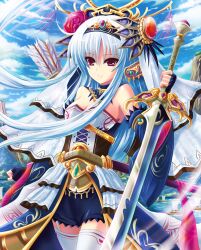  blue_hair commentary_request female fingerless_gloves flower gloves hair_flower hair_ornament haura_akitoshi long_hair photoshop_(medium) red_eyes sangokushi_taisen smile solo sun_shang_xiang sword thighhighs weapon white_thighhighs wind zettai_ryouiki 