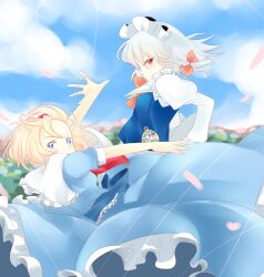  ajiriko alice_margatroid banned_artist blonde_hair blue_eyes bow braid cloud day hairband hairbow izayoi_sakuya long_sleeves maid maid_headdress multiple_girls pocket_watch puffy_sleeves red_eyes sash short_hair short_sleeves side_braid silver_hair single_braid sky smile touhou watch 