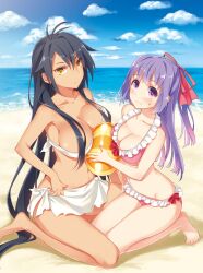  2girls ball bandeau beach beachball bikini black_hair bow breasts cleavage cloud commentary_request day frilled_bikini frills groin hairbow hanaji_tencho_ja_dame_desu_ka? kayou_(kayou-bi) kneeling large_breasts long_hair multiple_girls navel outdoors purple_eyes purple_hair sand sarong swimsuit tan water white_sarong yellow_eyes 