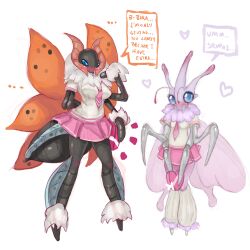  1:1 anthro anthrofied arthropod blue_eyes blush breasts candy clothing dessert duo english_text female food generation_1_pokemon generation_5_pokemon heart_symbol insects lepidopteran multi_arm multi_limb nintendo non-mammal_breasts pokemon pokemon_(species) pokemorph school_uniform simple_background slugbox text tsundere uniform venomoth volcarona white_background 