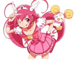  ;q antenna_hair azuma_yukihiko bad_id bad_pixiv_id bow bowtie brooch candy_(smile_precure!) choker commentary_request creature cure_happy female frills hand_on_own_hip hoshizora_miyuki jewelry leaning_forward long_hair low_twintails magical_girl one_eye_closed pink_bow pink_bowtie pink_choker pink_eyes pink_hair pink_skirt pink_theme precure skirt smile smile_precure tiara tongue tongue_out twintails v white_background wrist_cuffs 