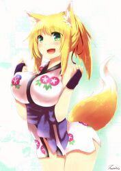  absurdres animal_ear_fluff animal_ears bad_id bad_pixiv_id blonde_hair bottomless breasts bridal_gauntlets dog_days female fox_ears fox_tail green_eyes highres large_breasts long_hair nanashin_naomi open_mouth sash shiny_skin simple_background sleeveless smile solo tail tail_raised thigh_gap yukikaze_panettone 