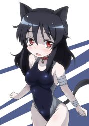  animal_ears bandages black_hair blush cat_ears cat_tail collar commentary_request female kirishima_sagiri one-piece_swimsuit pale_skin red_eyes solo swimsuit tail tokiani ukagaka 