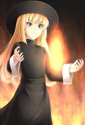  blonde_hair blue_eyes duel_monster female fire fire_sorcerer hat highres komimiyako komitsu long_hair solo witch_hat yu-gi-oh! yuu-gi-ou_duel_monsters 