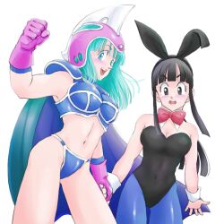  2girls animal_ears armor bikini_armor blue_pantyhose blush bow bowtie breasts bulma_(cosplay) bulma_briefs cape chi-chi_(dragon_ball) chi-chi_(dragon_ball)_(cosplay) commentary_request cosplay costume_switch detached_collar dragon_ball dragon_ball_(classic) ewokaku fake_animal_ears gloves helmet large_breasts long_hair multiple_girls navel open_mouth pantyhose playboy_bunny rabbit_ears simple_background smile white_background 