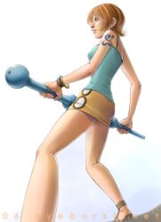  blue_shirt bracelet female female fighting_stance jaya jewelry nami nami_(one_piece) one_piece orange_hair pole sandals shirt short_hair simple_background skirt solo tattoo weapon 