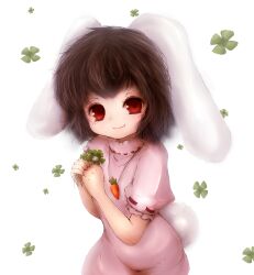  amano_jack animal_ears bad_id bad_pixiv_id brown_hair carrot carrot_necklace clover female four-leaf_clover highres inaba_tewi jewelry necklace pendant rabbit_ears rabbit_girl rabbit_tail red_eyes short_hair simple_background smile solo tail touhou white_background 