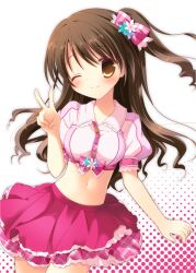  aono_ribbon bad_id bad_pixiv_id blush bow brown_eyes brown_hair crop_top female hairbow half_updo idolmaster idolmaster_cinderella_girls long_hair midriff navel one_eye_closed one_side_up photoshop_(medium) pink_check_school_(idolmaster) shimamura_uzuki skirt smile solo v 