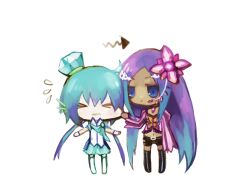  &gt;_&lt; 2girls aoki_lapis arrow_(projectile) bad_id bad_pixiv_id cheek_pinching chibi closed_eyes commentary_request eruri_(mgmn) hair_ornament long_hair merli_(vocaloid) multiple_girls pinching siblings sisters sweatdrop tourmaline very_long_hair vocaloid 