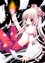  academic_test bad_id bad_pixiv_id bow commentary_request female fire fujiwara_no_mokou hairbow ponytail red_eyes shirogane_hina solo test_score touhou white_hair 