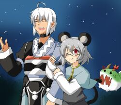  1boy ahoge anger_vein animal_ears be_(o-hoho) bespectacled biting blush bow capelet choker closed_eyes commentary_request female glasses grey_hair highres horns jealous long_sleeves morichika_rinnosuke mouse_ears mouse_tail nazrin night open_mouth red_eyes straight sukusuku_hakutaku tail tongue touhou white_hair wide_sleeves 