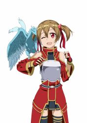  armor bare_shoulders black_thighhighs blush breastplate brown_hair commentary_request dragon female fingerless_gloves gloves highres iyakun one_eye_closed open_mouth pina_(sao) red_eyes short_hair short_twintails silica skirt smile solo sword_art_online thighhighs twintails 