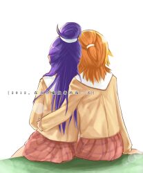  2girls ana_tea blonde_hair chinese_text commentary_request couple from_behind futari_wa_precure_splash_star half_updo hug hyuuga_saki leaning_on_person long_hair mishou_mai multiple_girls photoshop_(medium) precure purple_hair school_uniform short_hair sitting very_short_hair yuri yuunagi_middle_school_uniform 