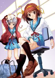  2girls animal animal_on_head bag black_socks blue_sailor_collar blue_skirt brown_cardigan brown_eyes calico cardigan cat_on_head commentary_request cover cover_page crossed_legs doujin_cover feline hair_ribbon kita_high_school_uniform kneehighs loafers multiple_girls nagato_yuki on_head open_cardigan open_clothes photoshop_(medium) purple_hair ribbon sailor_collar school_bag school_uniform serafuku shamisen_(suzumiya_haruhi) shoes short_hair sitting skirt smile socks suzumiya_haruhi suzumiya_haruhi_no_yuuutsu winter_uniform zless 