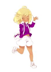  1boy ahoge blonde_hair blush closed_eyes dark_skin footwear hirakoba_rin long_hair male male_focus midriff msp_sammy navel oerba_yun_fang open_mouth shoes shorts simple_background smile sneakers socks solo tan tennis_no_ouji-sama white_background 