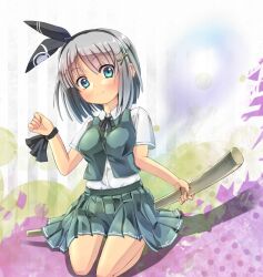  black_hairband blue_eyes blush breasts commentary_request dress_shirt female grey_hair hairband katana konpaku_youmu konpaku_youmu_(ghost) looking_at_viewer medium_breasts pleated_skirt ribbon seiza sheath shirt short_hair sitting skirt smile solo sword touhou unomi vest weapon wrist_ribbon 