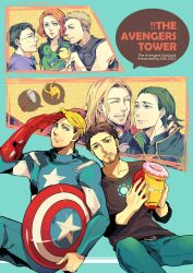  6+boys animification avengers_(series) bird black_hair black_widow blonde_hair brown_hair bruce_banner captain_america character_doll clint_barton commentary_request cover cover_page doughnut doujin_cover duck facial_hair female food glasses hammer hawkeye_(marvel) helmet hulk iron_man loki_(marvel) marvel minihardee moustache multiple_boys natasha_romanoff red_hair salute shield short_hair steve_rogers stubble superhero_costume thor_(marvel) tony_stark 