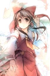  ascot bow brown_eyes brown_hair collarbone detached_sleeves eho_(icbm) female fish hair_tubes hairbow hakurei_reimu red_bow sarashi short_hair solo touhou wide_sleeves 